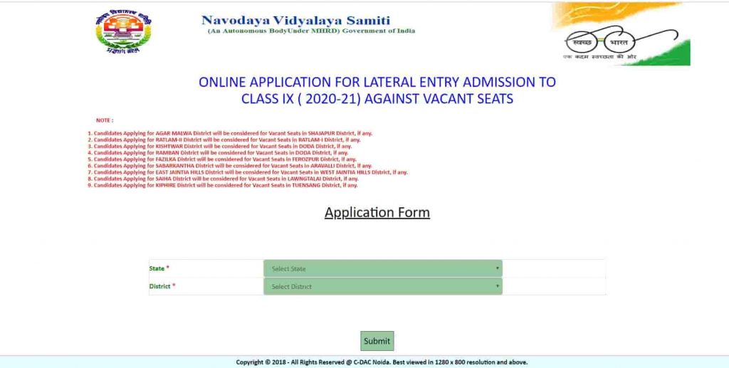 Jawahar Navodaya Vidyalaya 9th class Admission Form