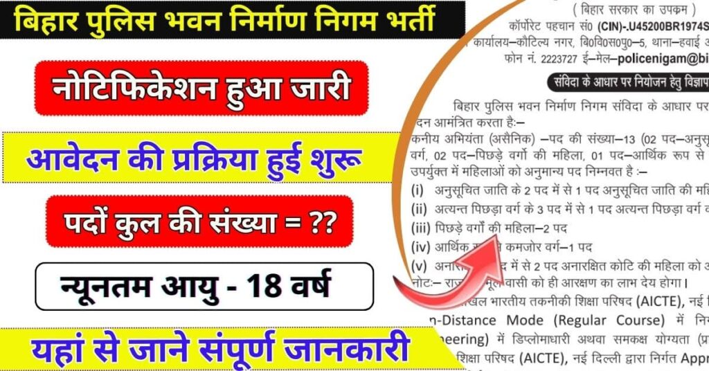 Bihar Police Bhawan Nirman Nigam JE Vacancy 2024