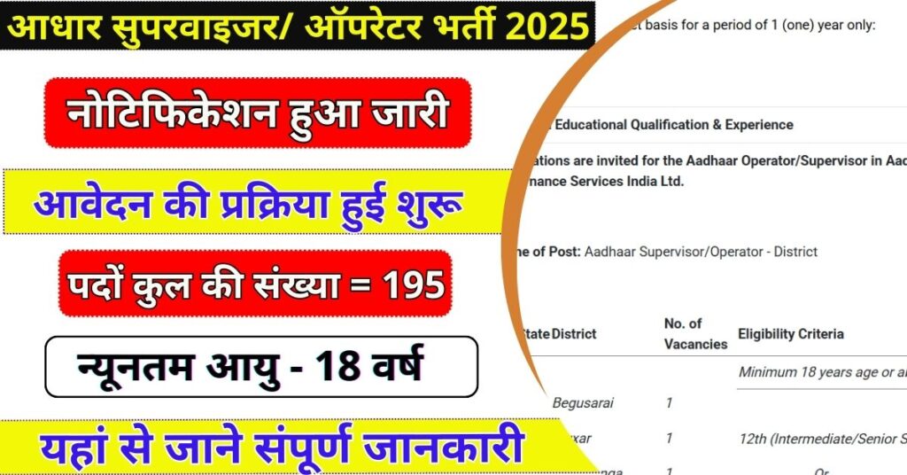 Aadhar Supervisor Recruitment 2025